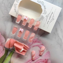 24Pcs French Tip Press on Nails Medium Coffin Fake Nails with 3D Bow Charms Acrylic Nails Luxury Rhinestones Artificial Glue on Nails Marble Texture Stick on Nails Gradient Pink False Nails for Women