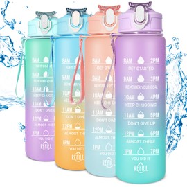 SUPPRUI Kids Water Bottle with Time Markings,700ML Motivational Water Bottles with Straw, Leakproof BPA-free Tritan Drink Bottle for Sport,Cycling,Gym, School & Office (Purple & Green)
