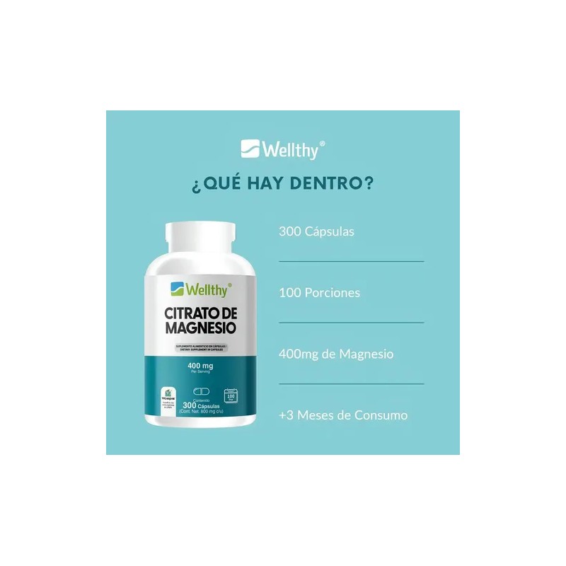 Citrato Magnesio 300 Cápsulas Wellthy 100 Porciones Sabor