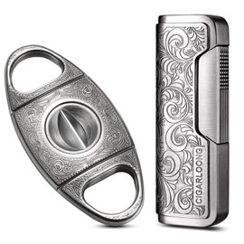 CIGARLOONG Cigar Cutter and Lighter Set Sharpening Blade V Cut and Retro Carved Lighter(Silver1)