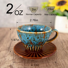 YINUOWEI Tea Cups and Saucers, Stackable Ceramic Espresso Cups, 2 OZ Coffee Cups for Macchiato, Tea, Latte and Cappuccino, Coffee Lover Gifts, Set of 6, Glazed Blue