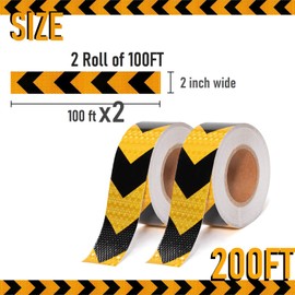 THKULKME 2 Inch X 200 Feet Black Yellow Arrow Reflective Hazard Safety Warning Caution Tape, Reflector Industrial Marking Tape for Trailers Vehicles Stairs Steps Floor Boats Outdoor Waterproof