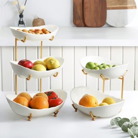 HOMKULA 2 Tier Ceramic Fruit Bowl for Kitchen Counter, Tiered Fruit Basket for Countertop, Modern Multi Layer Fruit Display Stand for Party, Cute & Smal (Gold&White)