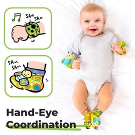 Baby Wrist Rattles Foot Finder Toys Set, Toddler Rattle Sock, Arm Hand Bracelet, Feet Leg Ankle Socks, Gift for Newborn Infant Babies Boy Girl Bebe (Green ladybird and Bee)