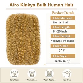16 Inch Afro Kinkys Bulk Human Hair Braiding for Twist Afro Kinky-curly Human Hair Bundles for Repair Locs (Honey Blonde, 16 Inch(Pack of 1))