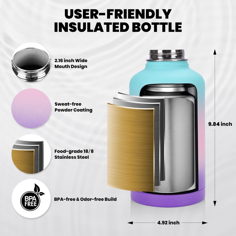RAYMYLO Insulated Water Bottle 64 oz, Triple Wall Vacuum Stainless