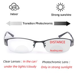 laureles Photochromic Bifocal Reading Glasses Women's Metal Oval Half Frame Transition Bifocal Readers Female (Black, 2.75, x)