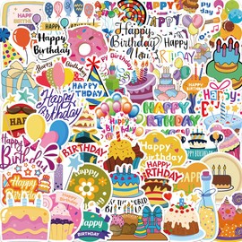 Happy Birthday Stickers, Cute Stickers, 50Pcs Kawaii Stickers Pack, Birthday Party Supplies, Funimost Vinyl Waterproof Stickers for Water Bottle Phone Guitar Laptop, Gift for Girls Kids Teens Adults (Birthday)