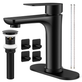 Herogo Bathroom Sink Faucet 1 or 3 Holes, Matte Black Bathroom Faucet with Pop-up Drain, Hooks & Water Supply Hoses, Stainless Steel, Single Handle, for Vanity RV Farmhouse