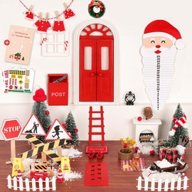 67-Piece Gnome Door Red with Letters Complete Set, Gnome Accessories, Construction Site, Miniature Gnome House, Picnic, Fireplace, Elf Wood Clothing Set, Christmas Gift, Fairy Door, Gnome Doors,