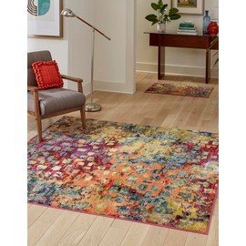 Unique Loom Jardin Collection Colorful, Vibrant, Abstract, Modern Area Rug (4' 0 x 4' 0 Square, Multi/Blue)