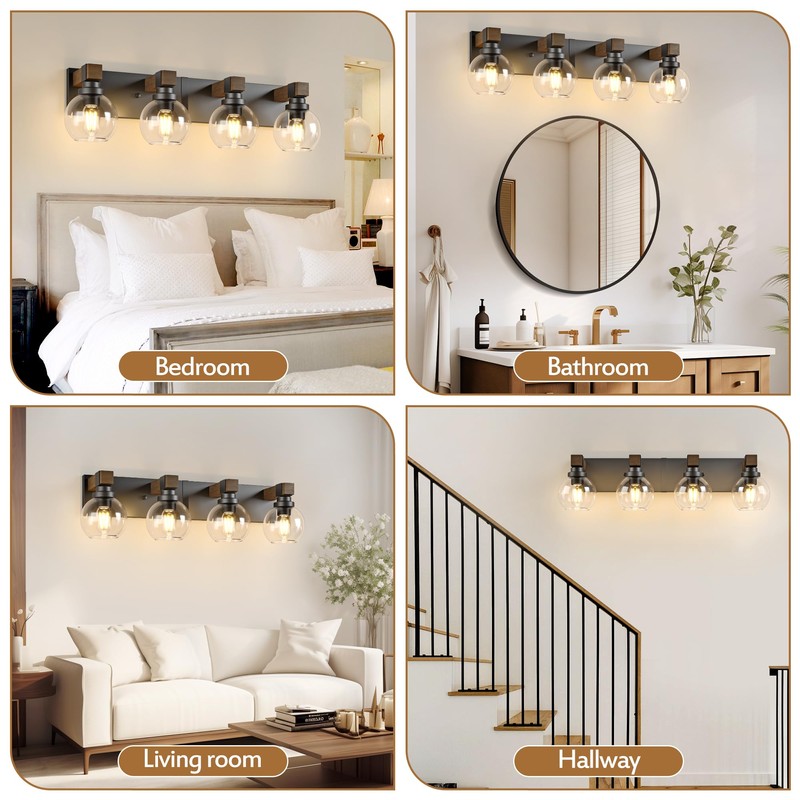 Farmhouse Bathroom Vanity Light Fixtures, 4-Light Wood Bathroom Light Fixtures
