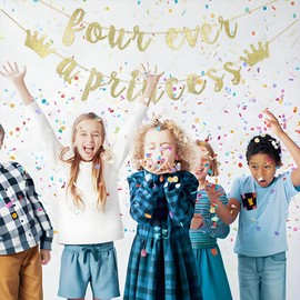 SNFHWL Four Ever A Princess Banner, Princess 4th Birthday Party Decoration, Baby Girls Four Years Old Birthday Party Sign Bunting Garlands Supplies Backdrops