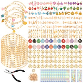 Jupwalz 478 Pcs Gold Charm Bracelet Making Kit for Adults, Includes 13 Pcs Paperclip Bracelet Chains, Enamel/KC Gold Charms, Letter Charms, Pliers, Storage Box & Gift Bags for DIY Jewelry Crafting