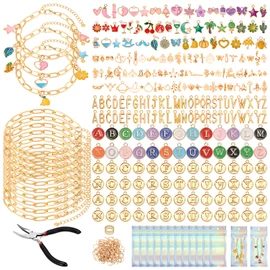 Jupwalz 478 Pcs Gold Charm Bracelet Making Kit for Adults, Includes 13 Pcs Paperclip Bracelet Chains, Enamel/KC Gold Charms, Letter Charms, Pliers, Storage Box & Gift Bags for DIY Jewelry Crafting