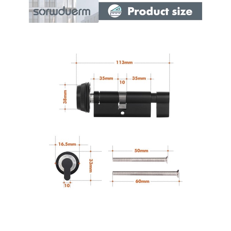 SORWDUERM Black Thumb Turn Euro Cylinder Door Lock, Anti-Bump Anti
