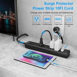10FT Long Surge Protector Power Strip-with 5 Widely Outlets and 3 USB Ports(1 USB C Port),10 Foot Extension Cord(1250W/10A),Wall Mount for Home Office,700 J,ETL,Black(2 Pack)