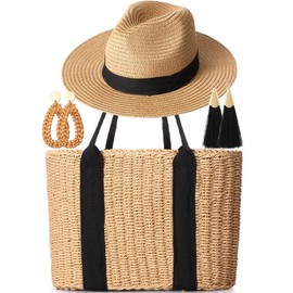 Glitopper 4 Pcs Straw Bag Woven Bag and Rattan Wicker Hat Tassel Earrings Set Summer Tote Handbag for Woman Vacation Boho Accessories