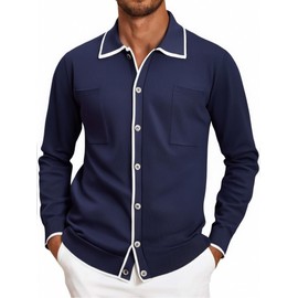 Alex Vando Mens Retro Cardigan Shirts Long Sleeve Two Pockets Knit Casual Button Down Shirts for Men,Royal,L