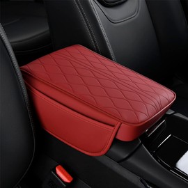 New Universal Car Center Console Cover with Side Pockets - Leather Armrest Cover,Waterproof Armrest Box Mat,Arm Rest Covering Car Interior Accessories Arm Rest Cushion for SUV/Truck/Vehicle(Red)