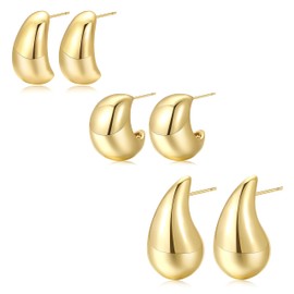 Chunky Gold Hoop Earrings Set for Women, 3 Pairs 14K Gold Plated Teardrop Earrings, Hypoallergenic Drop Open Hoops, Trendy Earrings Set for Gift Giving