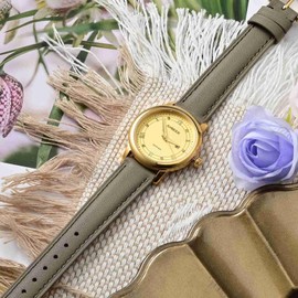 ANBEER 16mm Flat Thin Elegant Genuine Leather Watch Strap,Quick Release Replacement Watch Band,Warm Gray with Gold Buckle