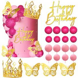 Bolas para tartas de feliz cumpleaños, corona, tiara para cumpleaños, boda, baby shower, decoración de fiesta (rosa)