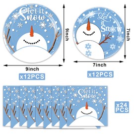 Dreasmt Let It Snow Christmas Tableware Snowman Dinnerware Set, Let It Snow Paper Plates Napkins for Winter Christmas Party Supplies Serves 24