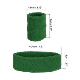 PATIKIL Sports Wristbands Headband Set, 8x8cm Cotton Terry Cloth Athletic Absorbent Sweatband 20x5cm Headband for Tennis Basketball Running, Dark Green (1 Headband & 2 Wristbands)