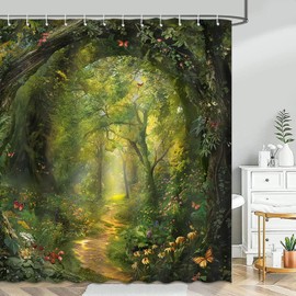 Avezano Green Tree Shower Curtain Nature Garden Enchanted Forest Scene Bathroom Shower Curtain Spring Forest Waterproof Fabric Shower Curtain Bathtub Decor with 12 Hooks 72 X 72 Inch