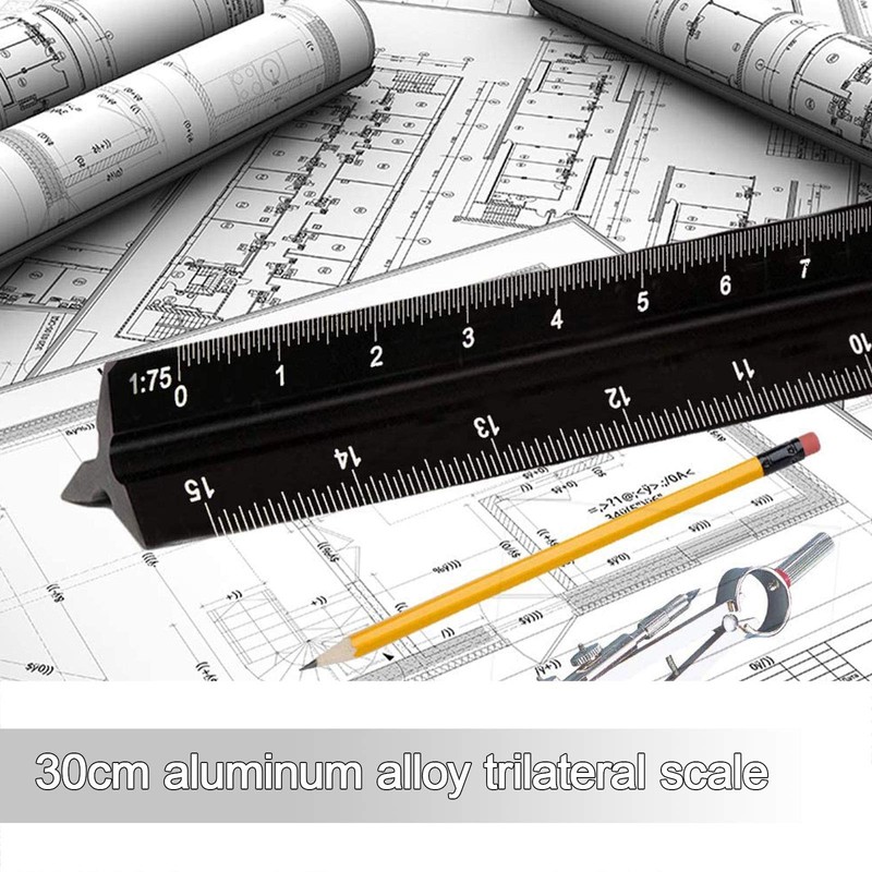 EMSea Triangular Scale Ruler 30cm Black Aluminum Alloy Metric Ruler