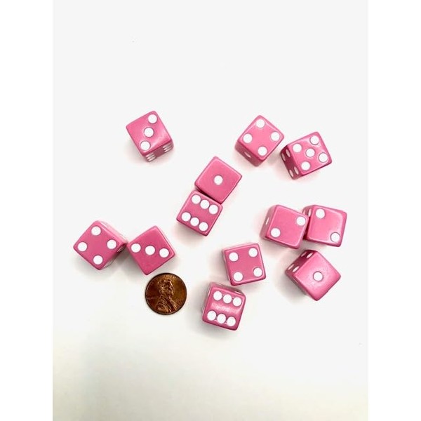 1 Dozen Pink Dice - 16 mm Pink Dice with White Pips (dots) stored in an Organza Bag
