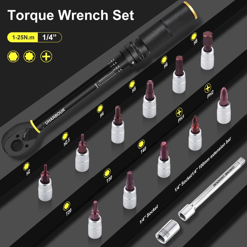 Uharbour Torque Wrench Bicycle 1-25 Nm, 1/4 Inch, 14-Piece Set