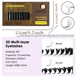 SEEDEW Camellia 3D Easyfan Lashes, 0.05 LC Curl 8-15mm, Multilayer 2 Length Volume Eyelash Extensions, Easy Fanning, Natural Lashes for Lash Artists Professional Use Only(0.05-LC-MIX8-15mm-Black)