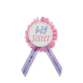 Big Sister Badge Pin Baby Shower Pink Chiffon flower & Purple ribbons for the new sister to wear at Baby Shower, Baby Sprinkle, One Size, cardstock satin ribbon, no gemstone