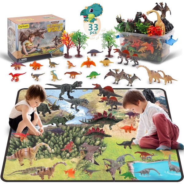 DigHealth 33 Pcs Dinosaur Toy Playset with Activity Play Mat, Realistic Dinosaur Figures, Trees, Rockery to Create a Dino World Including T-Rex, Triceratops, Pterosauria for Kids, Boys & Girls
