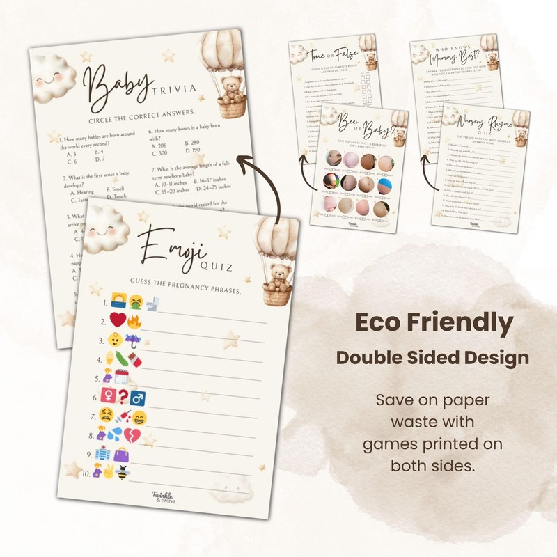 Twinkle & Twine Neutral Teddy Bear Baby Shower Games Bundle