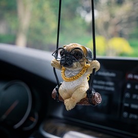 Floruit Pug Car Mirror Hanging Accessories Cute Swinging Dog Rear View Mirror Accessories for Men & Women (Black Glasses)