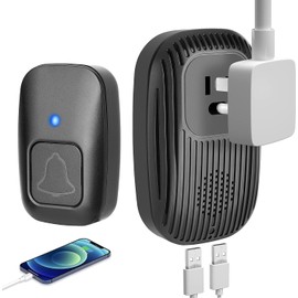 Timbre Inalambrico,1 Transmisor y 1 Receptor,Timbres Impermeable con enchufe y 2 puertos USB,Timbre Exterior Volumen Ajustable Alcance a 400m,36 Melodías,4 Niveles de Volumen,para Oficina,Casa(Negro)