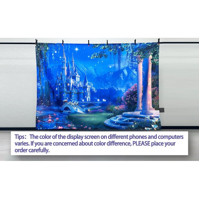 Monalivest Fabric 7x5ft Blue Fairytale Castle Night Sky Backdrop