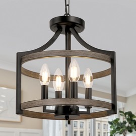 WBinDX 4-Light Farmhouse Chandelier, Rustic Metal Hanging Pendant Lighting, Convertible Semi Flush Mount Ceiling Light Fixture Faux Wood Black Chandeliers for Dining Room Kitchen Foyer Entryway