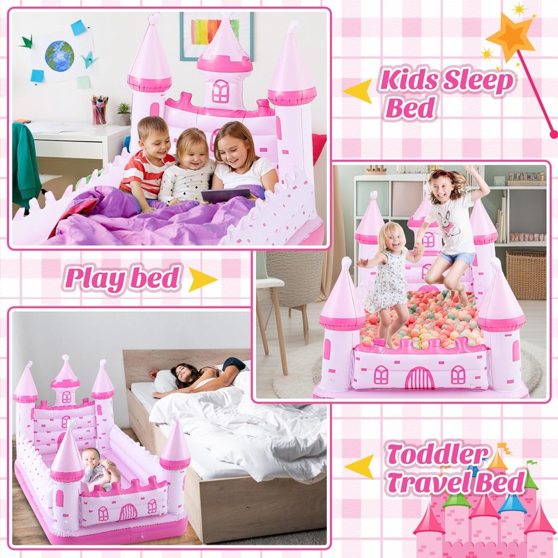 Relaxgiant Pink Castle Inflatable Kids Bed, Toddler Travel Bed with