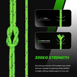 Abma Cord Guy Ropes Tent Cord 4 mm 30 m Tent Rope Cord with 6 Pieces Aluminium Tensioner Maximum 300 kg Reflective Neon Green