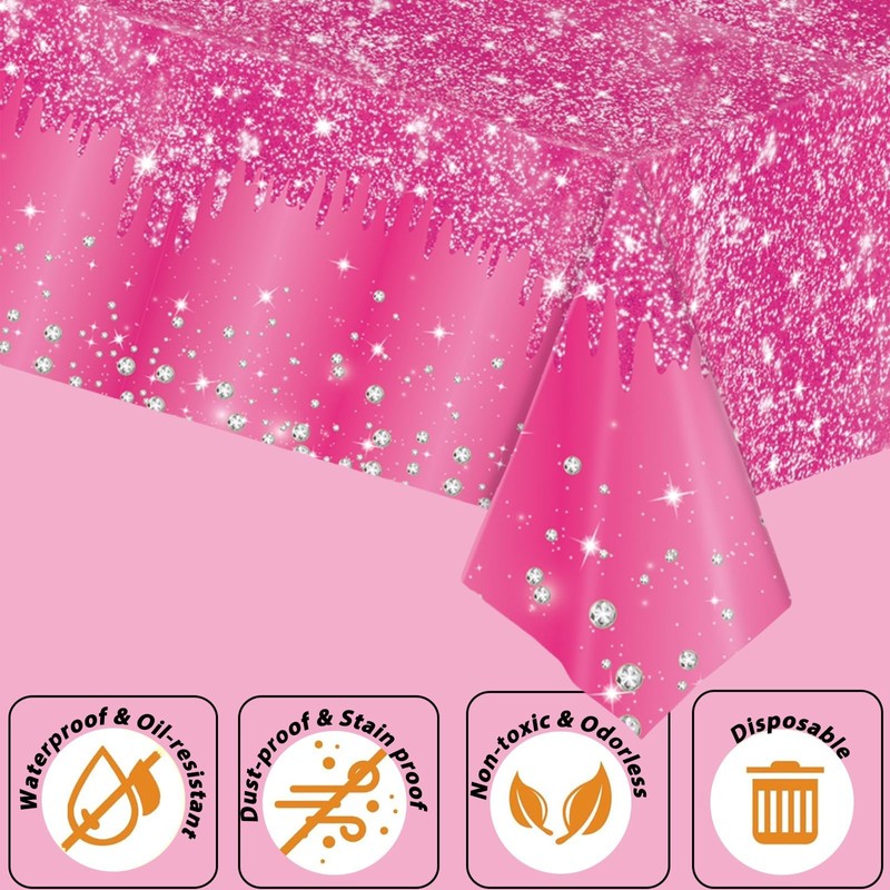 2P Hot Pink Party Plastic Table Cloth,137x274cm Shiny Glitter Hot