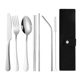 Portable Utensils Set - Stainless Steel Silverware Set Travel Cutlery Set Reusable Flatware Set for Camping 7pcs with Fork Spoon Knife Chopsticks Straws Cleaning Brush, Dishwasher Safe, Silver