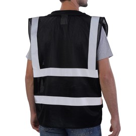 Neopelta Reflective Safety Vest Black Mesh, High Visibility Vest with Pockets and Zipper, Padded Neck, Black L