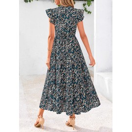 PRETTYGARDEN Women's 2025 Summer Floral Midi Dress Cap Sleeve V Neck Ruffle Long Flowy Boho Casual Beach Vacation Dresses (Floral Black Blue,Medium)