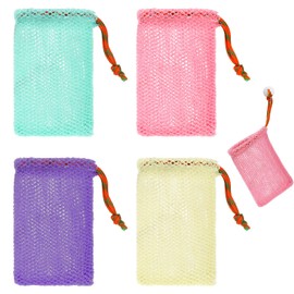JJUNW 4 Pack Soap Savers, Exfoliating Mesh Soap Pouch, Foam Net Soap Saver Sack Drawstring Holder Bags, Mesh Foaming Bag Bubble Mesh Bags for Bath and Shower (Multicolor)