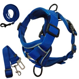 Kady&pady Dog Harness with Reflective Lines Anti-Pull Small Dog Harness with Leash and Safety Belt for Car Harness Comfortable and Safe High Visibility (L, Blue)