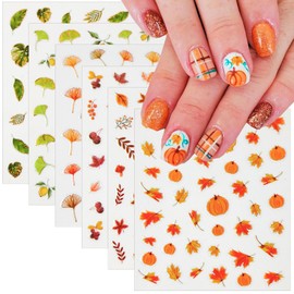 6 Sheets Fall Nail Stickers for Nail Art 3D Self Adhesive Maple Leaf Nail Art Stickers Autumn Thanksgiving Nails Design Leaves Floral Pumpkin Nail Decals for Women DIY Sliders Manicure Decorations